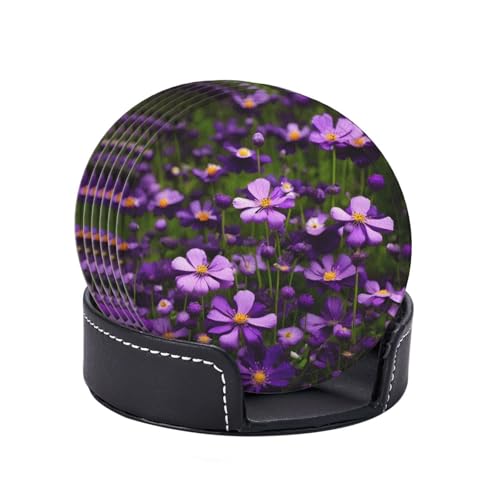Dessous de verre en polyuréthane fleurs violettes protège table lot de 6 - 7