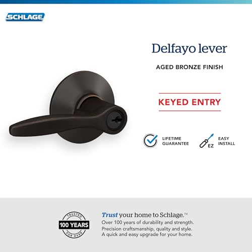 Image of Schlage Delfayo Keyed Entry Door Handle, Reversible, Aged Bronze | Keyed entry lever door handle with turn-button lock, Easy to install, Certified security & durability, Universal fit, 2 keys