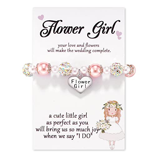 Jeka Rhinestone Bracelets for Girls - Flower Girls, Pink Pearl Heart Charm Bracelets for School, Graduation & Communion Gifts