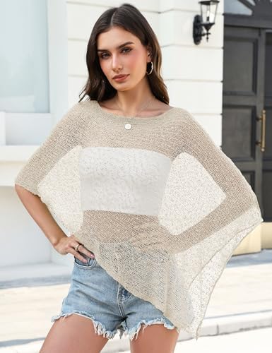 LOMON Lightweight Ponchos for Women Cute Womens Beach Cover Up Fashion Sheer Tops for Women Spring 2026 Light Apricot
