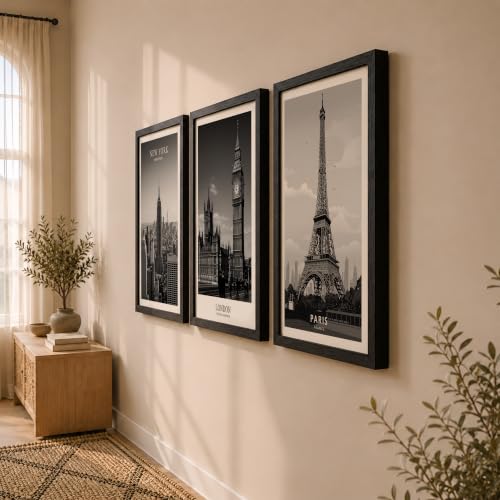 Image of NoWorries Black & White City Wall Art Framed Painting Set of 3 | New York London Paris Skyline Prints with Frame | Modern Minimalist Travel Poster Wall Decor Frames for Living Room, Bedroom and Office | Ready to Hang (Art-2, 17x25inch, Wooden)