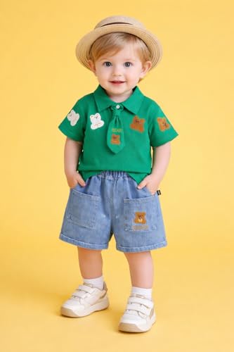 Image of Bold N Elegant Boys Polo T-Shirt and Denim Shorts with Detachable Tie Smart Casual Clothing Set for Kids | Kids Trendy Outfit