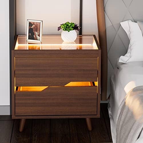 Bingoday LED Nightstand with Glass Display Panel, Modern Smart Night Stand with 3-Type LED Lights, 2 Drawers End Side Table for Bedroom Living Room, Walnut