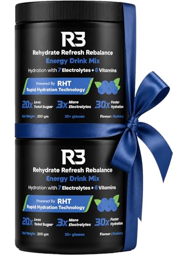 Image of Value Pack | R3 Instant Electrolyte Powder Mix | 500 mg Sodium 2:1 Na:K | 7 Electrolytes Na K Mg Ca Cl Zn SO4 | Fast Dissolve Drink | Workout Hydration & Sustained Boost | Blueberry Flavor | 30+ servings /7.5 Ltr | 200 g (Pack of 2)