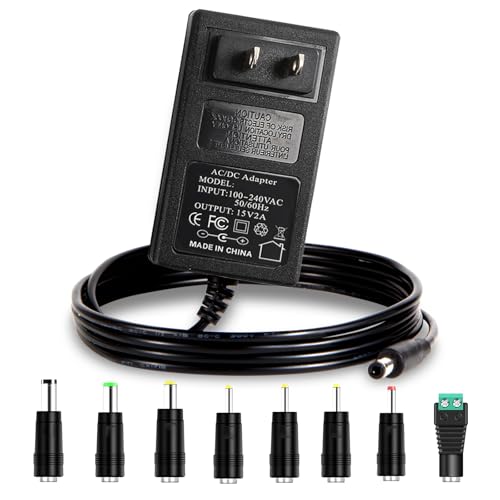 15V 2A DC Power Supply 30 Watt Power Adapter AC DC 15V Power Cord 15 Volts 2 Amps Regulated Switching Power with 8 Interchangeable Jacks for 1A 1.2A 1.3A 1.4A 1.5A 1.6A 1.7A 1.8A 1.9A 2A 500mA~2000mA