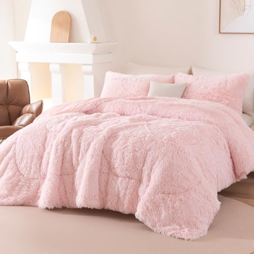 Image of Pink Fluffy Comforter Sets Full Size 3 Pieces Faux Fur Fluffy Bedding Set for Girls Warm Velvet Plush Fuzzy Bed Set for Kids Teens(Blush Pink, Full)