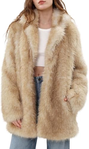 Amazhiyu Abrigo de piel sintética para mujer, con solapa de invierno, frente abierto, mullido, con bolsillo, albaricoque, M