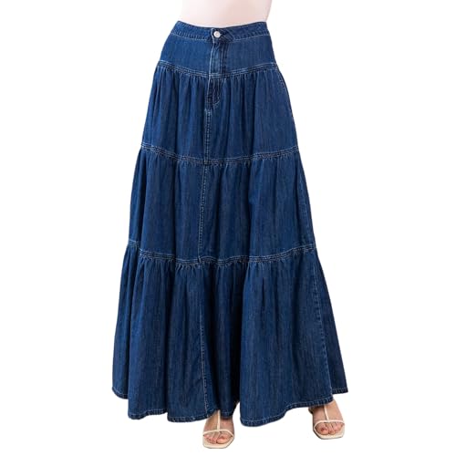 Boho Long Denim Skirts for Women Flowy High Waist Button Down Ruffled A-line Jean Casual Maxi Skirts with Pockets