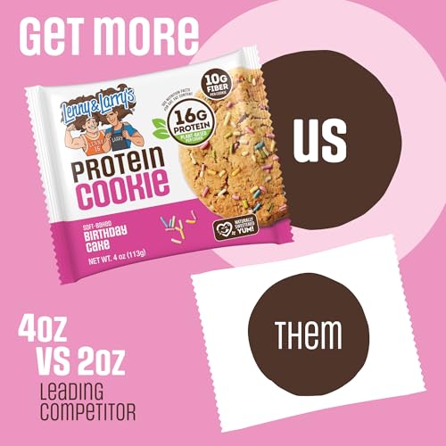 Image of Lenny & Larry's Protein Cookie, Birthday Cake - High Protein Snacks with 16g Plant Protein, 10g Fiber, Soft-Baked, Vegan, Non-GMO | 4 Ounce (Pack of 72)