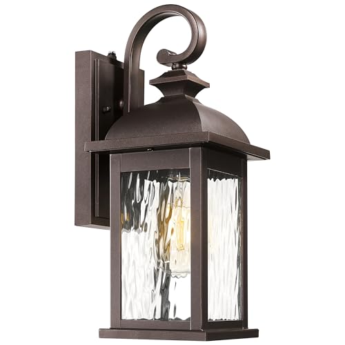 Image of FEMILA Dusk to Dawn Outdoor Wall Sconces, 15 inch ORB Front Porch Light Fixtures Wall Mount, Exterior Light for Patio, Entryway, Garden, Water Ripple Glass, UL Listed, 4FD54B-PC ORB-WP