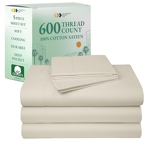 California Design Den Split King Sheet Set - 100% Cotton, 600 Thread Count Sateen, Breathable Luxury King Size Sheets for Adjustable Bed, Luxury Soft Hotel Quality Sheets - Ivory (Creamy Beige Tone)