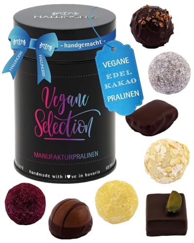 Hallingers Genuss Manufaktur Vegane Pralinen Geschenk – mit & ohne Alkohol, handgemacht aus Premium Edelkakao, edle Geschenkdose "Vegane Selection", Confiserie-Qualität, Geschenkidee für Veganer