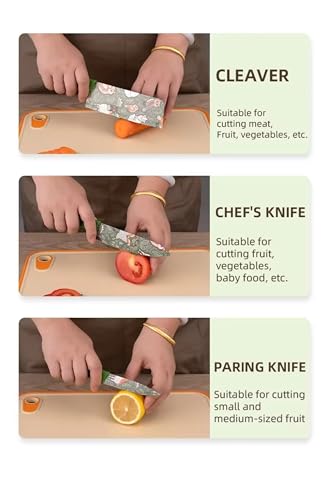 Image of La' Forte 3 Pcs Kitchen Knife Set with Protective Covers | Chef Knife, Utility Knife & Paring Knife | Printed Stainless Steel Blades with Ergonomic Grip | Cutting, Chopping & Slicing (Green)