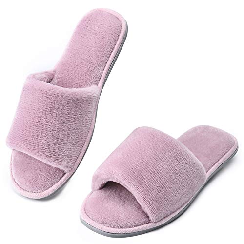 Image of DL Open Toe Slippers for women Indoor, Cozy Memory Foam Womens House Slippers Summer Slip On, Comfy Soft Flannel Womens Bedroom Slippers Slide Breathable Size 5-6 7-8 9-10