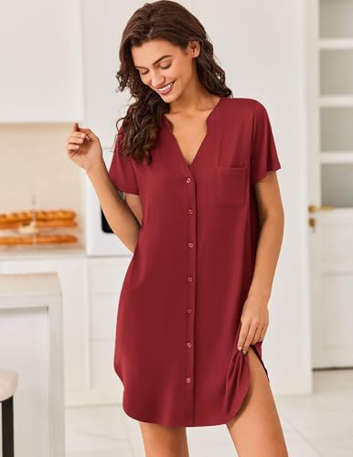Image of Ekouaer Women V Neck Button Down Nightgown