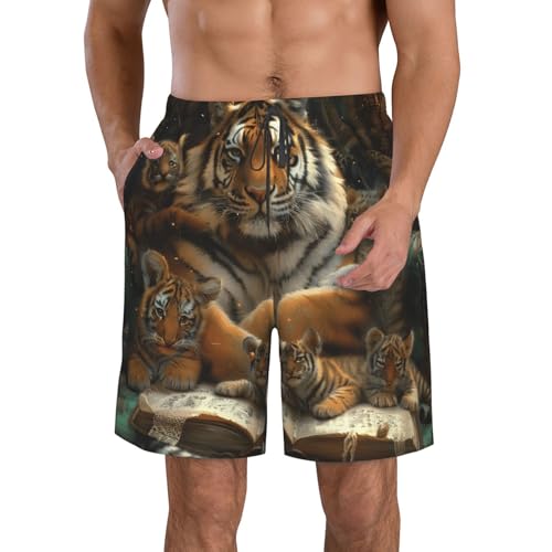 Men's Quick Dry Swim Shorts Tiger Magical Books Mystical Fantasy Animal Beautiful Beach Trunks with Pockets