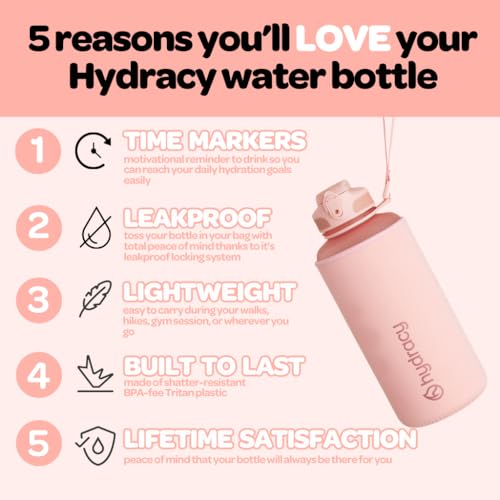 Image of Hydracy Water Bottle with Time Marker -Large Half Gallon 64oz BPA Free Bottle & No Sweat Sleeve -Leak Proof Gym Bottle with Fruit Infuser Strainer & Times to Drink -Ideal Gift for Sports & Outdoors