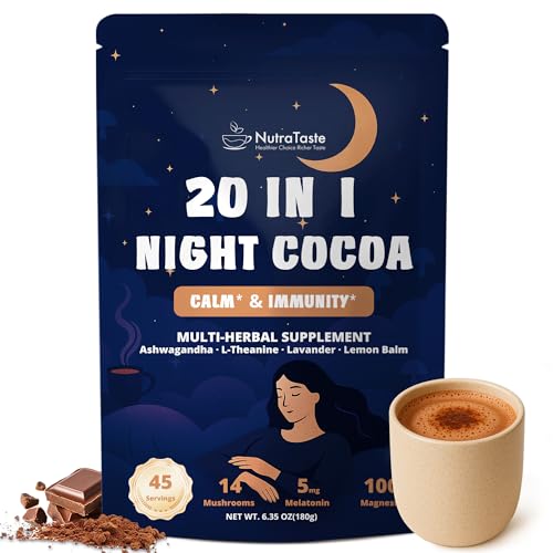 45 Servings Mushroom Hot Cocoa for Sleep Calm & Immunity | Hot Cocoa Powder with 14 Mushroom Extracts Magnesium Glycinate Ashwagandha L-Theanine & 5mg Melatonin | Non-GMO Keto-Friendly
