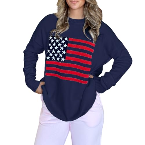 Image of Womens American Flag Sweater Long Sleeve Crew Neck Star Graphic Knit Pullover Tops Casual Loose USA Sweater
