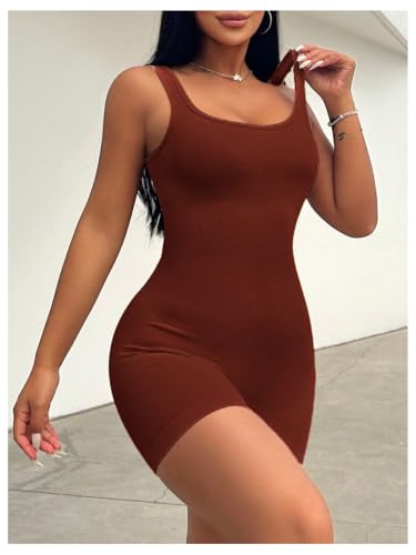 Image of WDIRARA Women's Workout Romper Gym Yoga Unitard Square Neck One Piece Shorts Jumpsuit