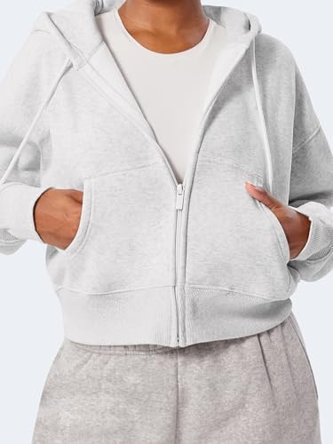YEOREO Zip Up Hoodies for Women Fleece Pullover Cropped Crew Neck Sweatshirts Katrine Fall Winter Clothes with Pockets White Grey S view 4