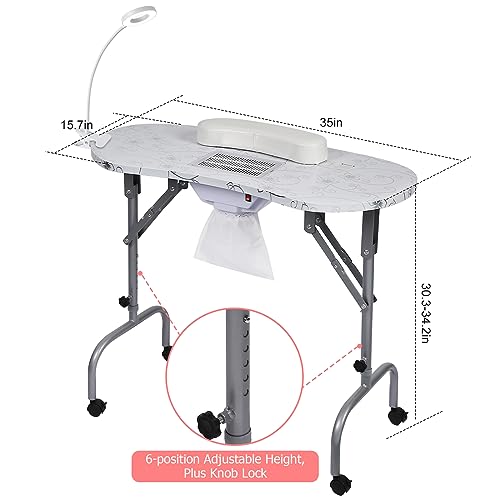 Mesa de manicure atualizada com coletor de poeira embutido, luminária de mesa de LED portátil, bolsa