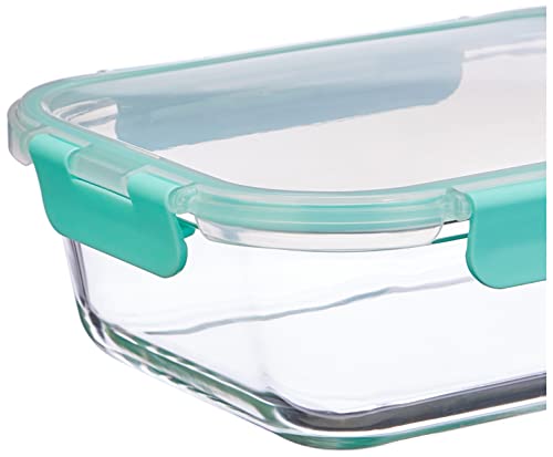Image of Amazon Brand - Solimo Glass Storage Containers with Break-Free, Detachable Locks, Airtight, Leakproof, Microwave-Safe, Oven-Safe, Freezer-Safe, Set of 2, Rectangle (370 + 600 ml) | Transparent