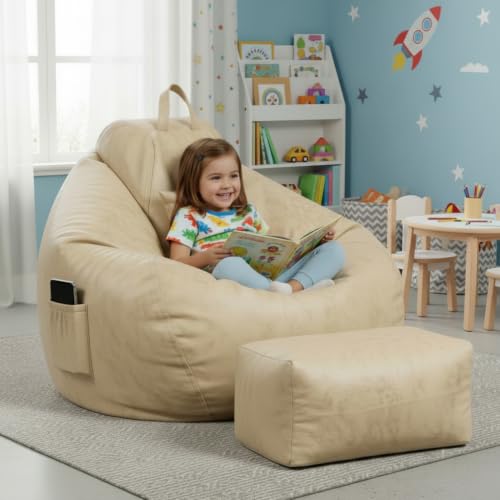 Image of KAM'S LIEU 5XL Premium Imported Suede Bean Bag Chair with Footrest & Cushion | Filled with High Density Polystyrene Beans | Premium Soft Fabric | Ready to Use Color- (Cream, 5XL)
