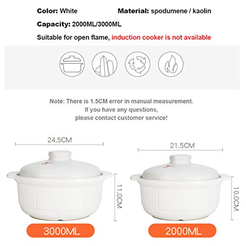 Casserole, Ceramic Pot, Stew Stone Pot,Large Capacity White Kitchen Soup Pot, for Porridge Stew Meat Soup Hot Milk,Large Capacity Casserole-2000ML