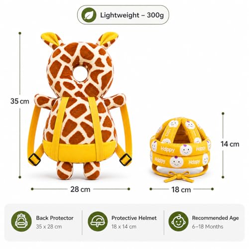 Image of GLUN Baby Back Protector with Head Protective Hat Combo Set, Cute Giraffe Shape Soft Cushioning, Adjustable Shoulder Belt, Head Protection Gear for 6-18 Month Toddler Kids