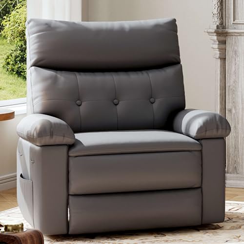 GarveeHome Oversized Recliner Chair - PU Leather Manual Recliner for Adults, Lazy Chair with 1.5X Sponge Comfort Arm and Back for Living Room, Bedroom Grey Standard