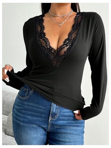 SOLY HUX Women's Plus Size Contrast Lace Deep V Neck T Shirt Long Sleeve Slim Fit Tee Top4