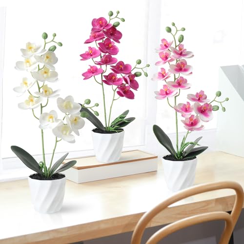 Dremisland 3PCS Artificial Orchid Flower Bonsai 38cm Faux Potted Butterfly Orchid in White Pots Phalaenopsis Fake Silk Flower Plants Foliage Indoor Decor for Home Table Centrepiece Living Room - Image 4