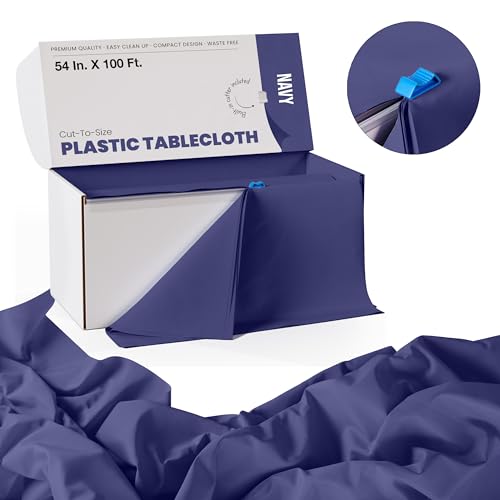 Image of Exquisite Party Solids 54 Inch X 100 Feet Navy Plastic Table Cover Roll in A Cut - to - Size Box with Convenient Slide Cutter. Cuts Up to 12 Rectangle 8 Feet Plastic Disposable Tablecloths