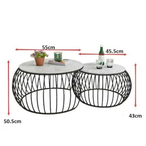 Image of Modern Coffee Tables Round Marble Laminated Tables Set of 2, Stacking Couch Center Table with Golden Metal Frame for Living Room, Bedroom or Apartments (Black White)