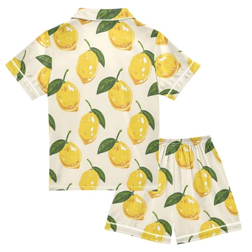 ALAZA Yellow Lemon Leaf Satin Pajamas Set Short Sleeve Button Down Sleepwear Summer Pjs 2 Piece2