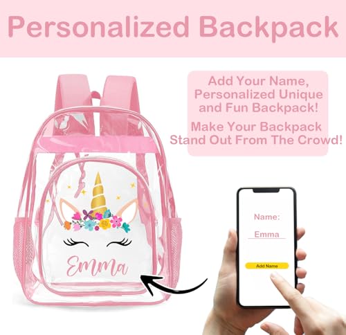 Personalized Clear Backpacks with Name, Custom Unicorn Clear Backpack for Gifts, with Reinforced Strap & Large Capacity PVC Transparent Waterproof Backpacks for Travel Camping Work4