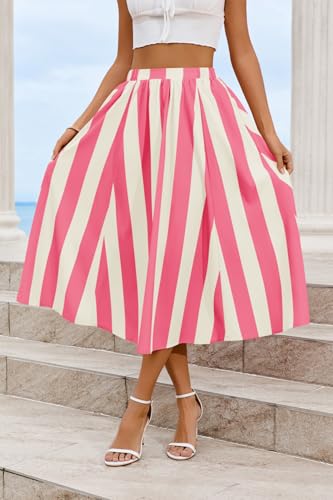 Image of Cicy Bell Womens Summer Striped Maxi Skirts A-Line Beach Vacation Outfits | Elastic Waist, Side Pockets, Flowy, Midi Length, Color Contrast, Trendy Casual