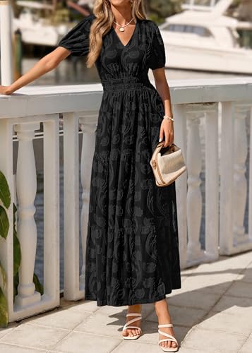 Image of KIRUNDO Summer Dresses for Women 2026 Boho Flowy Casual Short Sleeve V Neck Elastic Waist Floral Long Baby Shower Maxi Dress
