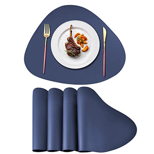 DINGC 4 Set de Table Cuir Lavable Triangle 34x41cm, Set de Table PU Antidérapant Double Face, Napperon en Cuir Essuyable, Tapis de Table Bureau, Impermeable Cuisine Set de Table (Bleu Marine) AB-1001 Cover