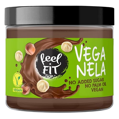Feel FIT VEGANELA - Haselnuss-Kakao-Aufstrich 6 x 200 g – vegan, ohne Zuckerzusatz, ohne Palmöl – Schoko-Nuss-Creme, Brotaufstrich ohne Zucker