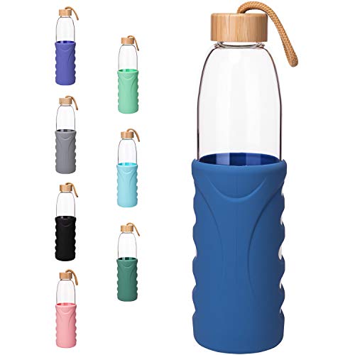Life4u Botella de Agua de Cristal de Borosilicato de con Funda de Silicona Sin BPA 1000 ml Azul