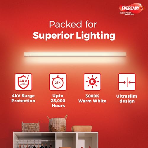 Image of Eveready 20W LED Batten | Ultraslim | Highly Efficient | 100lm /W | Fire Retardant PC Body | Lasts Upto 25000 Hours | Pack of 2 | 4kV Surge Protection | BIS Approved | Warm White (3000K)