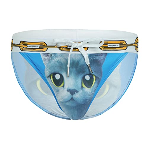 BEUU Mens Swimming Briefs, Summer Funny Graphic Print Drawstring Waistband Brief Swimwear Beach Swim Bikini Underwear Mesh Liner Washed Denim Plush Y-Back Quick Dry Breathable Drop Crotch Harem