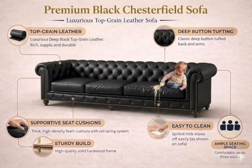 Image of Modern Classic Design Leatherette Luxury Chester Sofa Set with Button Tufted, Sofa for Living Room Home, Office, Living Room Set, Hotle and Lobby (Black, 3 Seater Sofa)