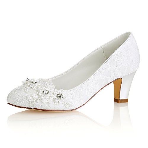 Emily Bridal Wedding Shoes Closed Chunky Heel Lace Satin Pumps with Lace Flower Rhinestone Bridal Shoes