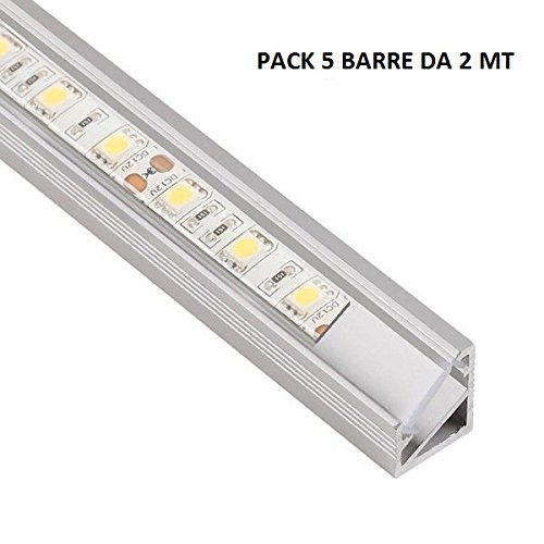 DL1614 - Perfil angular de aluminio 6063, 10 m, 5 barras de 2 m, para tiras LED, con cubierta transparente, tapas y grapas de montaje incluidas.