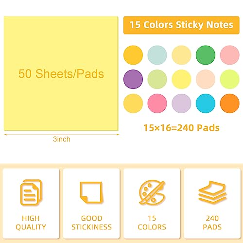 Image of Seajan 240 Pads 3 x 3 Inch Sticky Notes Notepads Multi Bright Colors Self Sticky Pads for Students Teachers School Office Supply Desk Accessory 15 Colors, 50 Sheets Each(Neon,Plain)