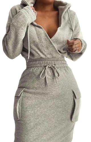 BIRW Size XL Grey Hoodie Dress for Women 2025 Slim Casual Long Sleeve High Waist Drawstring Pullover Bodycon Sweatshirt Dresses with Pockets
