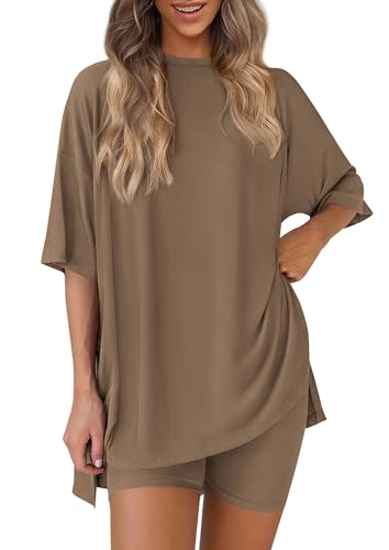 Image of PRETTYGARDEN Women 2 Piece Lounge Set 2026 Summer Casual Oversized Shirts Biker Shorts Matching Airport Travel Outfit Clothes